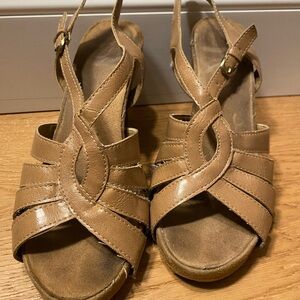 AEROSOLES Tan Leather Crisscross Slingback Wedge Sandals